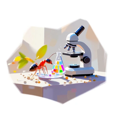 An ant with a shiny, dark exoskeleton stands on a surface, closely observing a small microscope. The microscope features an intricate design with metal and glass components, and the objective lens is pointing down towards a tiny petri dish. The dish contains miniature lab equipment such as a pipette, test tubes, and a small beaker filled with colorful liquids. The ant's antennae are raised in curiosity as it examines the details of the equipment, and the light reflects off the lens, creating a sparkling effect. The surrounding area is filled with small grains of sand and occasional bits of foliage, adding context to the ant's environment.