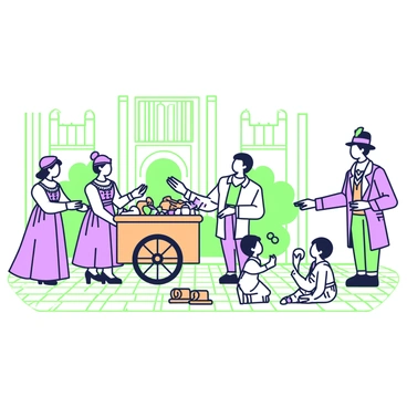An illustration captures a historical scene set in a bustling marketplace. On the left, a group of merchants is gathered around a wooden cart filled with various goods, wearing period costumes with detailed embroidery. Among them, a woman in an ornate dress exchanges coins with a man in a tailored coat. In the background, a grand building with tall archways and ornate stonework is visible, showcasing the architectural style of the era. To the right, children play with wooden toys on the cobblestone ground, while a man with a feathered hat gestures animatedly as he tells a story to a small crowd.