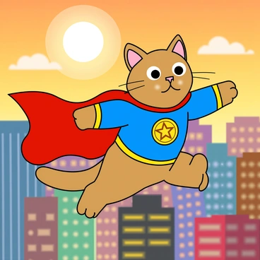 A cartoon cat with fluffy fur and large expressive eyes is wearing a bright blue superhero costume that features a golden emblem on the chest. The cat’s ears are perked up, and a flowing red cape trails behind it as it soars through the sky. Below, a bustling cityscape is visible, with colorful buildings of various shapes and sizes. The sun is setting in the background, casting a warm glow over the scene. The cat has a determined expression on its face, ready to save the day.