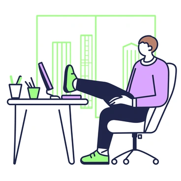 A person is seated at an office desk, engaged in leg raises. The individual has short brown hair and is wearing a blue shirt and dark trousers. They are leaning slightly back in their chair, with their hands resting on the desk for support. One leg is extended straight out in front, while the other leg remains bent and resting on the floor. On the desk, there are a computer, a notepad, and a cup containing green pens. Behind the person, there is a window with a view of tall buildings outside.