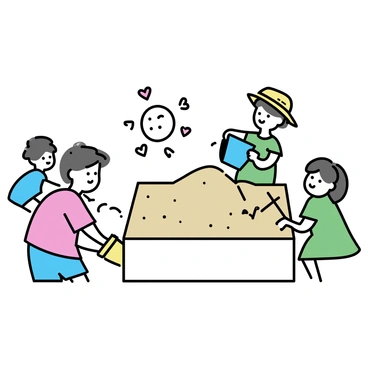 A colorful sandbox filled with light brown sand, with several children happily playing around it. One child, wearing a red t-shirt and blue shorts, is digging with a yellow plastic shovel. Another child, dressed in a green dress, is pouring sand from a bright blue bucket, creating a small mound. A third child, with a straw hat, is sitting on the edge of the sandbox, drawing in the sand with a stick. In the center of the scene, there is a large, cartoonish drawing of a "belly button" surrounded by doodled hearts and stars, capturing the children's playful imagination.