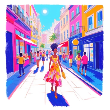 An African woman is walking confidently down a bustling city street. She has dark, curly hair styled in an elegant updo. She is wearing a brightly colored, patterned dress that flows as she walks. The street is filled with people, and modern buildings with glass facades rise in the background. Bright shop signs and street vendors add life to the scene. The sun is shining, creating a lively atmosphere.