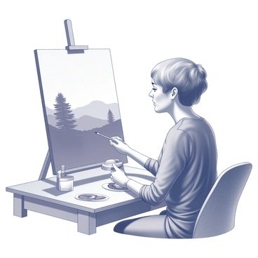 Catherine Potvin is sitting at her desk. She is focused on a canvas propped up in front of her. The desk is cluttered with various painting supplies, including brushes and a palette. The canvas depicts a landscape, showcasing hills and trees in intricate detail. Catherine's expression is one of concentration as she gently applies paint to the canvas. The scene captures the essence of her creative process in the act of painting.