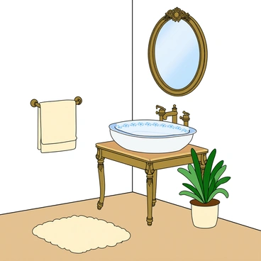 A bright bathroom with white walls and a light wooden floor. The center of the room features a vintage porcelain washbasin with a smooth, curved shape, resting atop a small, ornate antique table. The washbasin has delicate blue floral patterns around its rim. Above the basin, there is a large round mirror framed in antique brass, reflecting the room's details. The bathroom is equipped with shiny antique brass fixtures, including a tall faucet with intricate detailing and hot and cold knobs beside the sink. A small, fluffy bath mat in a soft cream color lays on the floor in front of the washbasin. A potted green plant adds a touch of freshness to the corner of the room, next to the washbasin.