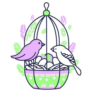 A bird cage is hanging from a hook, featuring intricate green-and-purple patterns on its surface. Inside the cage, there is a cozy nest made of twigs and soft feathers. The nest holds several tiny eggs, each shaped perfectly and nestled closely together. A mother bird with delicate feathers is perched on the edge of the nest, watching over her eggs attentively. The bird has a gentle expression, and its eyes are focused on the nest, ensuring the safety of her offspring. The background shows faint outlines of leaves that add to the natural ambiance.