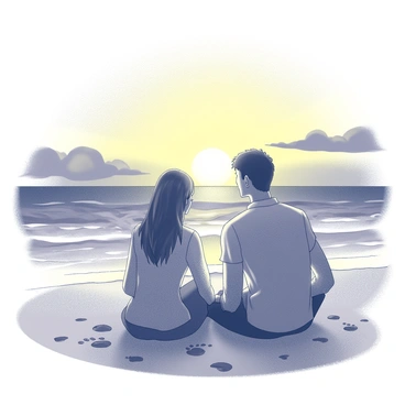 A couple sitting on the sandy beach, with the sun setting on the horizon. They are holding hands while gazing at the colorful sky filled with hues of yellow and black as the day transitions into evening. The couple's expressions reflect a sense of melancholy, hinting at the bittersweet nature of their last day together. The waves gently lap at the shore, and footprints in the sand mark where they have walked together.