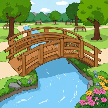 Two wooden bridges crossing a flowing creek, connecting both sides of a scenic park.