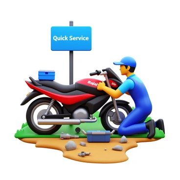 A roadside mechanic in a blue jumpsuit is working diligently on a Bajaj motorcycle. The mechanic is crouched next to the bike, using a wrench to tighten a bolt. The motorcycle, shiny and well-maintained, features vibrant red and black colors. Tools are scattered around the mechanic, including a toolbox and a few spare parts. The roadside setting includes a dirt path, green grass, and a few scattered rocks. A sign in the background reads "Quick Service." A clear blue sky is visible overhead.