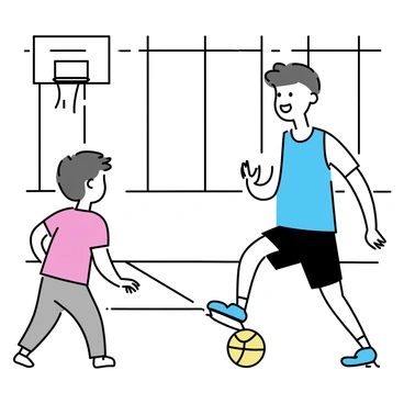 A teacher, wearing a blue jersey and black shorts, is demonstrating a basketball dribbling move in a bright gymnasium. The floor is polished wood with a three-point line visible. The teacher is in a low stance, dribbling the ball with his right hand. A student, wearing a red t-shirt and gray sweatpants, is attentively watching and mimicking the teacher's movement. The gymnasium has tall windows allowing natural light to illuminate the scene, and a basketball hoop is mounted on the wall in the background.