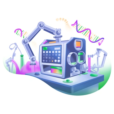 A futuristic machine resembling "DNA polymerase" is depicted in a high-tech laboratory environment. The machine features sleek, metallic components with a design that mimics the double helix structure of DNA. It has various colorful lights and displays indicating its operational status. Surrounding the machine are strands of "newly synthesized DNA," glowing in vibrant colors. A series of robotic arms extend from the main structure, delicately interacting with the DNA strands. The workspace is filled with intricate tubes and futuristic instruments, highlighting advanced scientific technology.
