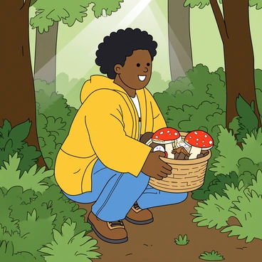 A person with medium skin and curly black hair is crouched down in a dense green forest. They are wearing a bright yellow raincoat and blue jeans. In their hands, they hold a woven basket filled with various wild mushrooms, showcasing an assortment of shapes and colors, including some with bright red caps and white spots. The forest is lush with tall trees, a mix of ferns and underbrush surrounding the person. Sunlight filters through the canopy, creating dappled light on the forest floor.