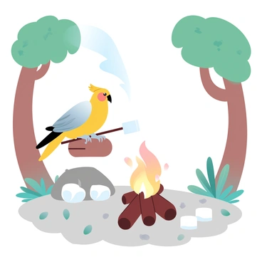 A cockatiel is perched on a small log, carefully holding a marshmallow on a stick while roasting it over a campfire. The campfire's flames flicker brightly, casting warm light on the surrounding forest clearing. Tall trees with lush green leaves frame the scene, creating a serene environment. The ground is covered with soft grass and scattered leaves. The cockatiel has vibrant yellow and gray feathers that stand out against the natural backdrop. A few roasted marshmallows are piled on a nearby rock, ready to be enjoyed. A gentle breeze rustles the leaves above, adding to the peaceful atmosphere.