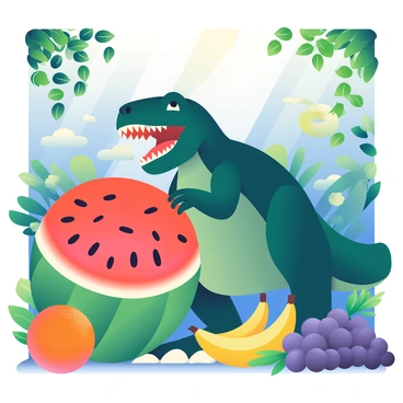 A large T-Rex with dark green scales and sharp teeth is standing amidst oversized fruits in a vibrant jungle setting. The T-Rex has a determined expression as it leans forward, attempting to bite into a giant watermelon that is nearly as large as its body. Surrounding the T-Rex are oversized fruits, including a massive orange with textured skin, a huge banana with a bright yellow peel, and a gigantic cluster of purple grapes hanging low. The ground is covered with lush green foliage, and bright sunlight filters through the canopy above, illuminating the scene.