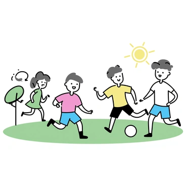 A group of four children playing soccer on a grassy field. One child, wearing a red jersey and blue shorts, is dribbling the ball. Another child, dressed in a yellow shirt and black shorts, is running to intercept the ball. A girl in a green dress is cheering from the sidelines, while a boy wearing a white t-shirt is preparing to kick the ball. The sun is shining brightly, and a few trees are visible in the background.