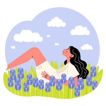 A dreamer lying in a field of vibrant bluebonnets, surrounded by clusters of these bright blue flowers with green leaves. The dreamer has long, flowing hair and is wearing a light, airy dress. They are gazing up at a clear blue sky filled with fluffy white clouds shaped like various animals. Sunlight gently illuminates the scene, casting soft shadows on the ground. The dreamer's expression is one of wonder and tranquility as they immerse themselves in this peaceful moment.