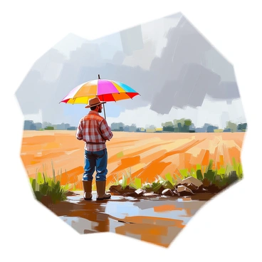 A farm field stretches into the distance under a cloudy sky, with raindrops falling steadily. Puddles have formed in the uneven terrain, reflecting the gray skies above. In the foreground, a farmer with weathered skin and a broad-brimmed hat is standing under a colorful umbrella, which provides a shield from the rain. The farmer is dressed in a plaid shirt and sturdy boots, looking out over the field with a thoughtful expression. Surrounding the field are patches of green grass and a few scattered crops swaying in the breeze.