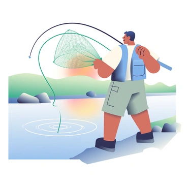 A fisherman with tanned skin and short, dark hair is standing on the edge of a calm river at dawn. He is wearing a light blue fishing vest over a white shirt and cargo shorts. The fisherman has a concentrated expression as he casts a large, green mesh net into the water, creating a ripple effect. Behind him, the riverbank is lined with soft green grass and a few scattered rocks. The sky above is painted in shades of orange and pink as the sun begins to rise, reflecting on the surface of the water.