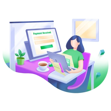 A modern pastel illustration showing a freelancer sitting at a cozy desk with a tablet in hand. The tablet displays a notification with the words "Payment Received" in vibrant green letters. Surrounding the freelancer are various elements such as a laptop, a cup of coffee, and scattered notes. A small plant adds a touch of greenery to the desk, and sunlight streams through a nearby window, creating a bright and inviting atmosphere.