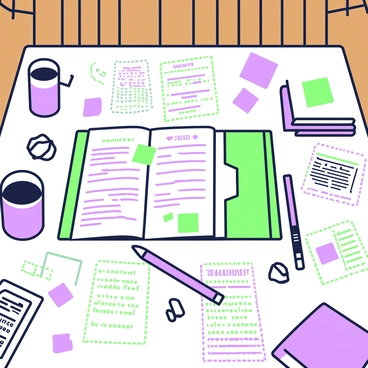 A courtroom table is cluttered with numerous papers, each featuring text related to the "5th Amendment." The papers vary in size, some are neatly stacked while others are scattered haphazardly. A large legal brief is opened in the center, displaying highlighted passages, and several sticky notes stick out from its pages. To the side, there is a green folder with official documents, contrasting with a purple pen resting on top of it. A coffee cup sits at one corner of the table, with a few crumpled papers wadded up nearby. In the background, wooden beams of the courtroom are visible, adding to the formal atmosphere.