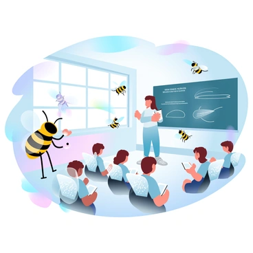 A group of young flies is gathered in a bright classroom setting, with colorful decorations adorning the walls. The instructor, a larger fly, stands at the front demonstrating various flying maneuvers. Each young fly, with distinct wing patterns and vibrant colors, is taking notes in tiny notebooks. Some flies are practicing their flying techniques in the air, while others are watching attentively. Sunlight streams in through large windows, illuminating the scene with a warm glow. A blackboard behind the instructor is filled with diagrams and instructions on flying techniques.