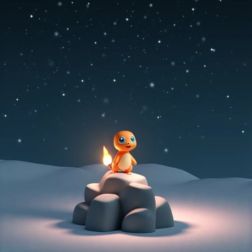 A small Charmander stands on a rocky outcrop, looking up at a vast night sky filled with countless stars. The creature has bright orange skin, large blue eyes, and a cheerful expression. Its tail flame flickers brightly, casting a warm glow on the surrounding rocks and illuminating its body. The darkness of the night sky contrasts with the twinkling stars, creating a magical atmosphere. The Charmander's shadow is visible on the ground, accentuating the light from its tail flame.