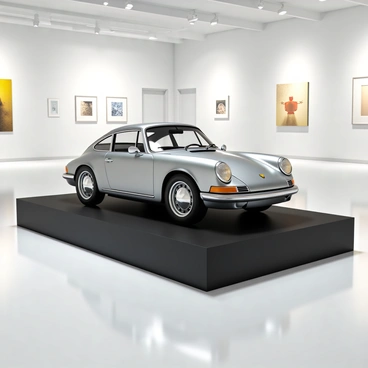 A Porsche 911 in a striking metallic silver finish, prominently displayed on a sleek black pedestal. The car features smooth curves, an iconic shape, and distinctive headlights. Its wheels are polished chrome, reflecting the gallery lights. Surrounding the vehicle are minimalistic white walls adorned with contemporary art pieces, and the floor is a glossy white tile that enhances the car's shine. Soft, focused lighting illuminates the Porsche, creating a dramatic effect that highlights its design as a modern art piece.