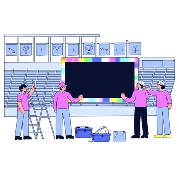 A group of officials is setting up a large digital scoreboard in a stadium. The scoreboard is rectangular with a black frame and bright, multi-colored LED lights around the edges. Several officials, wearing matching uniforms, are carefully adjusting the scoreboard’s height and angle using a ladder. Tools and equipment are scattered around the area, including cables and a toolbox. The stadium seats are empty, and there are banners hanging in the background, indicating the upcoming major athletic event.
