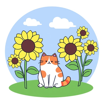 A cute tabby cat with orange stripes is sitting in the center of a bright, sunny field. The cat is surrounded by several giant sunflowers, each with large yellow petals and dark brown centers. The sunflowers tower over the cat, creating a vibrant scene. The sky above is clear and blue, with a few fluffy white clouds scattered throughout. The green grass beneath the cat adds contrast to the bright colors of the flowers.