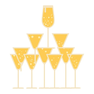 A pyramid made of coupe glasses stacked in a triangular formation. Each glass is filled with sparkling champagne, with the champagne bubbling and slightly overflowing the rim. The glasses are arranged in rows, with the top glass sitting at the apex and the lower glasses expanding outward. The scene captures the reflection of light on the champagne, creating a shimmering effect across the glasses.