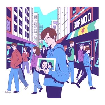 A young man with short brown hair and wearing a blue jacket is holding an old black and white family photograph in his hands. He is standing on a busy city street surrounded by a diverse crowd of people walking past him, some engaged in conversation and others looking at their phones. Skyscrapers line the background, and colorful storefronts are visible along the street. The young man's expression reflects nostalgia as he gazes at the photograph.