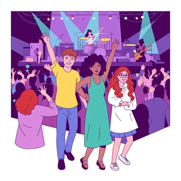 A group of four friends is standing together at a live concert, surrounded by a lively crowd. One friend has short brown hair and is wearing a bright yellow t-shirt, while another has curly black hair and is dressed in a teal dress. The third friend is wearing glasses and a blue tank top, and the fourth has long red hair wearing a white hoodie. They are all smiling and dancing energetically, with their arms raised in the air. Colorful stage lights are illuminating them, creating a vibrant atmosphere as the audience cheered around them. In the background, a large band is performing on stage, with instruments visible and the lead singer engaging with the crowd.