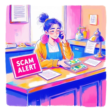 A person stands behind a wooden counter, holding a stack of cash in one hand while holding a mobile phone to their ear with the other. They have a furrowed brow and narrowed eyes, conveying a look of suspicion. Next to them, a bright red 'Scam Alert' sign with bold letters is prominently displayed. The background includes a cluttered desk with papers and an old-fashioned lamp, contributing to the tense atmosphere of the scene.