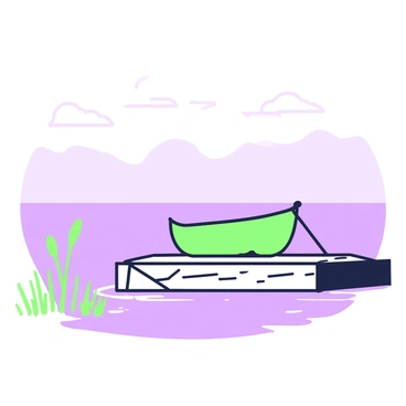 A small rowboat is gently floating on a misty lake, with the bow tied securely to a wooden dock. The dock is constructed of weathered planks, showing signs of age and use. In the background, the lake is enveloped in a thick layer of mist, creating a soft, diffused atmosphere. The first light of dawn is breaking over the horizon, casting a subtle glow across the water's surface. The water is calm, mirroring the serene surroundings. Nearby, a few reeds are visible at the water's edge, softly swaying in the early morning breeze.
