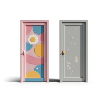 Two doors side by side, one painted in bright colors, the other dull