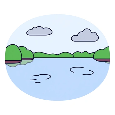 A calm lake with mirror-like water that perfectly reflects the cloudy skies above. The surface of the water is smooth and undisturbed, creating a symmetrical view of the grayish clouds. Gentle ripples from a slight breeze are barely visible on the water's surface. The surrounding landscape features lush greenery bordering the lake, enhancing the tranquil atmosphere.