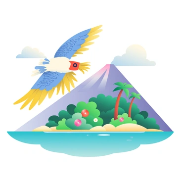 A thunderbird flying over a lush tropical island with a volcano in the background