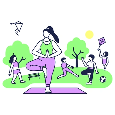 A cartoon yoga girl is performing a yoga pose on a mat in a city park. She has long hair tied in a ponytail and is wearing a bright tank top and yoga pants. Behind her, several children are playing; one child is flying a kite, while another is playing with a soccer ball. Trees with green leaves are scattered throughout the park, and a few park benches are visible in the background. The sun shines brightly in the clear sky, casting soft shadows on the ground.