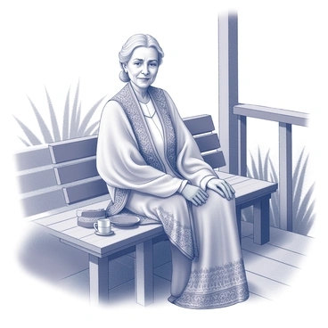 An elderly woman is sitting on a wooden porch. She is wearing a traditional kaftan that drapes elegantly around her. The kaftan features intricate patterns and designs. The woman has silver hair tied back neatly. She has a peaceful expression on her face, reflecting wisdom and grace. The porch is surrounded by lush greenery, adding to the serene atmosphere. There is a small table beside her with a cup placed on it. The scene captures a moment of tranquility and timelessness.
