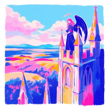 A dark angel with long black feathered wings is standing majestically atop a gothic tower. The angel has flowing hair that cascades down their back and a contemplative expression on their face. They are wearing a detailed, dark robe that contrasts with the pale stone of the tower. Below, the landscape stretches into the distance, with shadows cast by the towering spires of the gothic architecture. The sky above is filled with moody clouds, enhancing the dramatic atmosphere. The horizon is just visible, hinting at a distant world beyond.