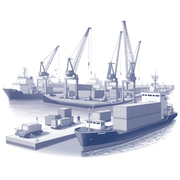 A bustling port filled with various cargo ships anchored at the docks. Multiple cranes tower above, actively unloading containers from the ships. The scene includes several large shipping containers stacked neatly, with some positioned on trucks ready for transport. Workers in safety gear can be seen coordinating the unloading process, while seagulls fly overhead in the coastal air. The water is rippling, reflecting the boats and structures surrounding the port, creating a dynamic and busy atmosphere.