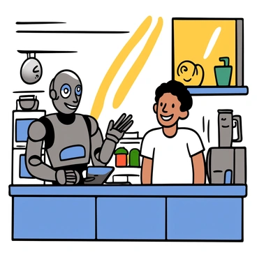 A humanoid robot with a sleek metallic body and glowing blue eyes is engaged in conversation with a light-skinned human. The human has short black hair and is wearing a casual white t-shirt. They are both standing in a modern kitchen filled with various kitchen appliances. The robot is gesturing with one hand towards a tablet on the counter, while the human is smiling and looking at the robot, showing interest and curiosity. Sunlight is pouring through a window, illuminating the scene and creating a warm atmosphere.