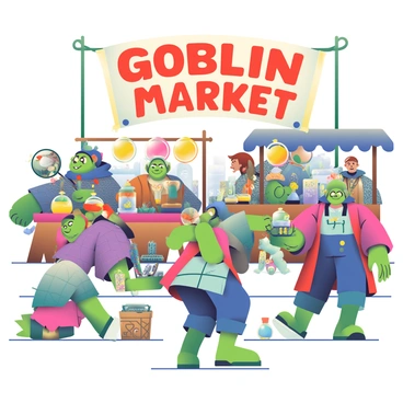 A bustling goblin market is filled with various goblin merchants showcasing their bizarre items. The goblins have green skin and wear mismatched, colorful clothing. One merchant is displaying glowing potions in glass vials, while another offers peculiar trinkets like twisted metal sculptures and shimmering stones. Stalls made of wood and cloth are arranged haphazardly, each brimming with unique wares. In the background, a large banner reads "Goblin Market" in bold, whimsical letters. The atmosphere is lively, with goblins haggling and exchanging goods, creating a vibrant and chaotic scene.
