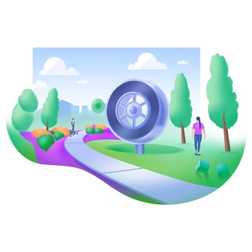 A modern pastel illustration of a public sculpture in a park, designed to look like a giant car axle. The sculpture is prominently displayed in the center of a green lawn, surrounded by neatly trimmed bushes and colorful flower beds. A few pedestrians can be seen walking along the paved path nearby, some stopping to admire the sculpture. In the background, there are tall trees providing shade, and a clear blue sky overhead. The sun casts soft shadows from the sculpture onto the ground. The scene conveys an inviting atmosphere in a vibrant public space.