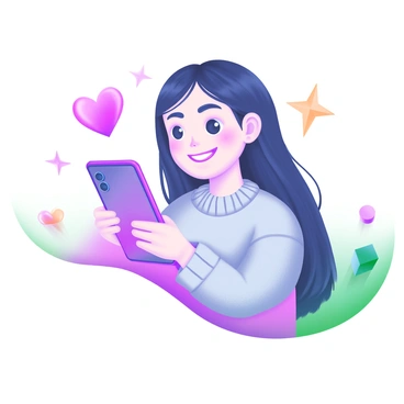 A person holding a smartphone close to their chest, with a gentle smile on their face. The individual has long hair and is wearing a cozy sweater. Their eyes reflect warmth and affection. Surrounding them are subtle heart-shaped icons and soft, pastel-colored sparkles, emphasizing the connection between the person and the device. The background is softly blurred, focusing on the intimate moment between the person and their smartphone.