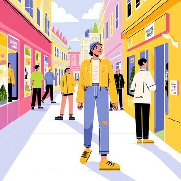 Marie is walking along a lively city street filled with colorful murals and graffiti on the walls. She has a look of wonder on her face as she observes various forms of street art. The shops lining the street are decorated with bright signs and display windows showcasing unique items. There are people around her, some chatting and others admiring the artworks as well. The atmosphere is energetic, with various colors and patterns creating an engaging urban scene.