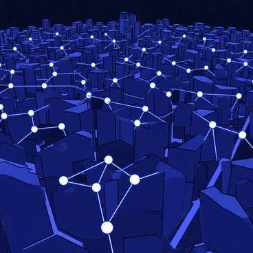 A sprawling cityscape filled with tall buildings and streets. An extensive network of PMAT nodes is distributed throughout the city, each node appearing as a small geometric shape. Glowing lines connect the nodes, forming intricate patterns that span across the streets and over the rooftops. The lines emit a soft blue light, contrasting against the darker background of the city at night. The nodes and connections create a sense of depth, showcasing the complexity of the network.