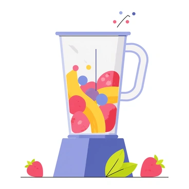 A blender with a clear glass pitcher is filled with a variety of colorful fruits including strawberries, bananas, and blueberries. The fruits are being pulverized, creating a swirling mix of bright red, yellow, and purple. The blender's lid is slightly ajar, and droplets of smoothie are splashing upward from the blades inside. The countertop is dotted with whole fruits and a bright green leaf rests beside the blender, adding to the vibrant composition.