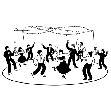 A group of guests in formal attire dancing energetically on a spacious dance floor. The focus is on several couples twirling and moving in sync to the rhythm of the music. Streamers and decorative lights hang from the ceiling above them, casting distinctive shadows on the floor. To the side, there are tables adorned with elegant centerpieces and soft candlelight, enhancing the festive atmosphere of the wedding reception. Some guests are clapping and cheering, while others are captured mid-step, showcasing dynamic movement.