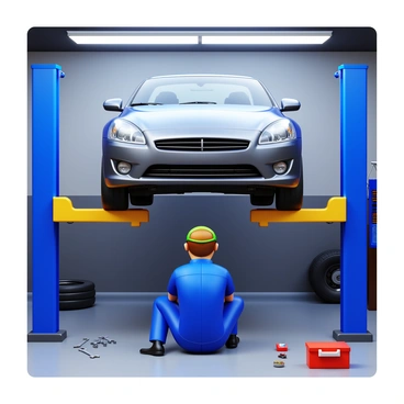 A mechanic wearing a blue jumpsuit and safety goggles works under a car raised on a hydraulic lift. The car is a sleek, modern sedan with shiny metallic paint. The repair shop has concrete floors and walls filled with tools and equipment. Bright overhead lights illuminate the scene, casting shadows on the mechanic's focused face as he examines the undercarriage. Wrenches and other tools are scattered around him, and there is a tool chest nearby. A tire and a car battery are also visible in the background.