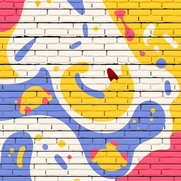 A lively street mural painted on a textured brick wall. The mural features a variety of bright colors, including vibrant blues, yellows, and reds, creating a dynamic visual impact. Imaginative designs of whimsical creatures, abstract shapes, and playful patterns are intricately woven throughout the mural. The brick wall's rough surface adds depth to the overall artwork, and splashes of color seem to leap off the surface, inviting viewers to explore its details.